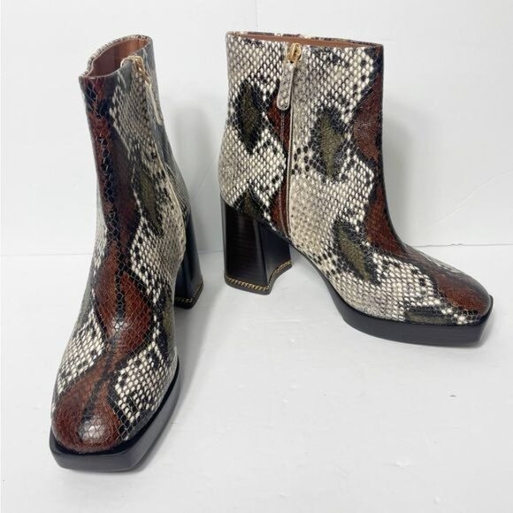 Tory Burch Ruby Python-Embossed Ankle Boots Size 8 Aspen Block Heel Chain Accent - Picture 7 of 13